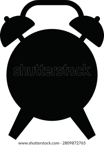 A solid black silhouette of a traditional twin-bell alarm clock. Ideal for graphic design projects related to time management, productivity, and daily schedules.
