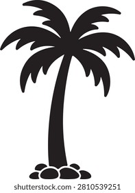 Solid black silhouette of a tropical palm tree growing on a small rocky island, isolated on a white background