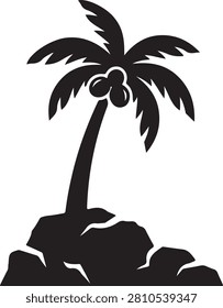 Solid black silhouette of a tropical palm tree with coconuts on a rocky island, isolated on a white background