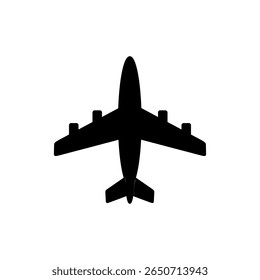 A solid black silhouette vector illustration of a passenger airplane viewed from directly above. Ideal for travel, aviation, or transportation icons and designs.