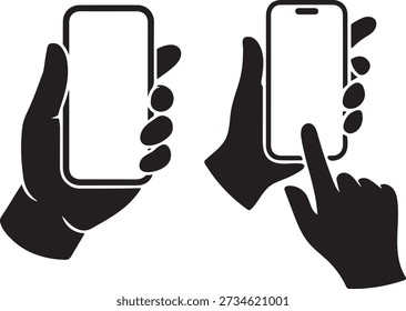 Solid black silhouette vector illustration of hands holding and interacting with a smartphone, featuring a single-hand grip and a two-handed touch gesture on a blank screen.