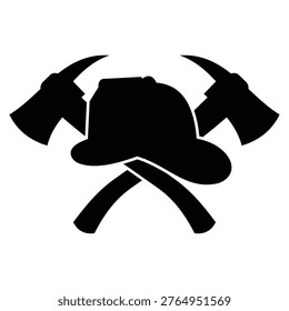 A solid black silhouette vector illustration of a firefighter helmet and axe set. This simple firefighting emergency rescue equipment graphic is perfect for fire department logos safety campaigns stencil designs vinyl cutting and print on demand projects. Isolated on a white background.