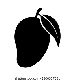 A solid black silhouette vector illustration of a single ripe mango fruit attached to a detailed leaf. This high-contrast graphic features a clean white highlight line on the fruit, making it ideal for tropical branding, juice logos, stencils, and Cricut or laser cutting projects.