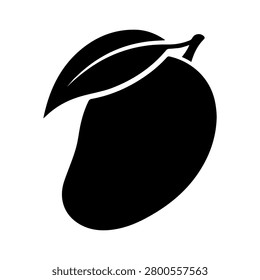 A solid black silhouette vector illustration of a single ripe mango fruit attached to a detailed leaf. This high-contrast graphic features a clean white highlight line on the fruit, making it ideal for tropical branding, juice logos, stencils, and Cricut or laser cutting projects.
