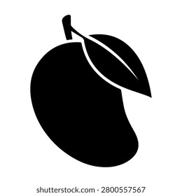 A solid black silhouette vector illustration of a single ripe mango fruit attached to a detailed leaf. This high-contrast graphic features a clean white highlight line on the fruit, making it ideal for tropical branding, juice logos, stencils, and Cricut or laser cutting projects.