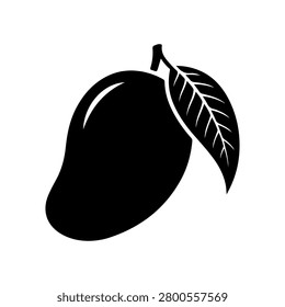 A solid black silhouette vector illustration of a single ripe mango fruit attached to a detailed leaf. This high-contrast graphic features a clean white highlight line on the fruit, making it ideal for tropical branding, juice logos, stencils, and Cricut or laser cutting projects.