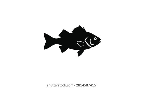 Solid black silhouette vector illustration of a bass fish facing right isolated on a clean white background for logos.