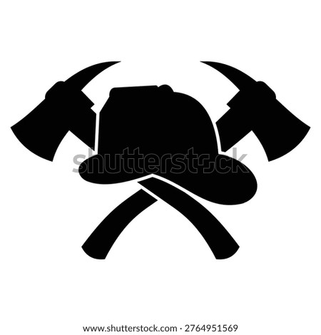 A solid black silhouette vector illustration of a firefighter helmet and axe set. This simple firefighting emergency rescue equipment graphic is perfect for fire department logos safety campaigns stencil designs vinyl cutting and print on demand projects. Isolated on a white background.