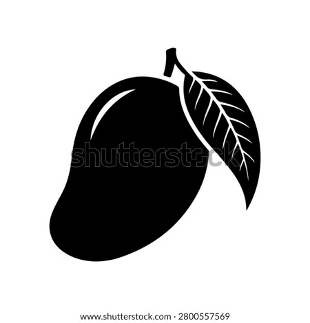 A solid black silhouette vector illustration of a single ripe mango fruit attached to a detailed leaf. This high-contrast graphic features a clean white highlight line on the fruit, making it ideal for tropical branding, juice logos, stencils, and Cricut or laser cutting projects.