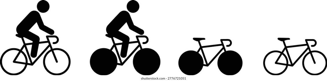 Solid black silhouettes of cyclists and high-performance racing bikes for outdoor sports branding, fitness tracking, and active lifestyle graphics.