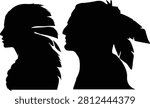 Solid black silhouettes featuring the side profile portraits of a Native American man and woman wearing traditional feathered headdresses, isolated on a pure white background.