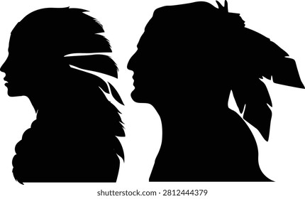 Solid black silhouettes featuring the side profile portraits of a Native American man and woman wearing traditional feathered headdresses, isolated on a pure white background.