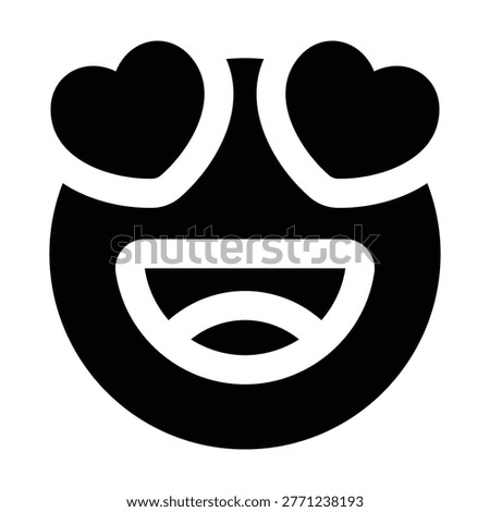 Solid black smiling face with heart eyes in bold minimal style. Perfect for expressing love, admiration, and excitement in digital communication.