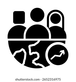 Ícone de impacto social preto sólido - Globo com pessoas que representam a influência positiva da IA na sociedade e nas comunidades. Ilustração de vetor plano.