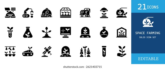 Solid black space farming icon set featuring hydroponics, futuristic agriculture, lab-grown plants, and smart farming tools. Perfect for AI, agriculture, tech, and science projects.