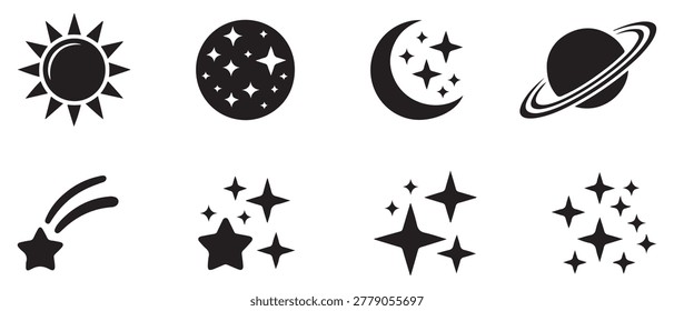Solid black space icons featuring sun, full moon, crescent, saturn, shooting star, and multiple sparkle shapes.