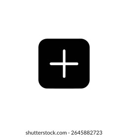 Ícone de quadrado preto sólido com cantos arredondados, apresentando um símbolo de adição branco criado usando espaço negativo. Isolado em um fundo branco.