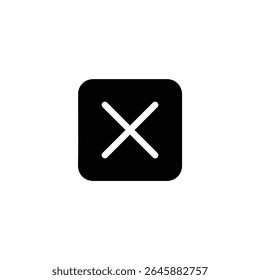 Ícone de quadrado preto sólido com cantos arredondados, apresentando uma marca de X branco em espaço negativo para funções de fechamento ou exclusão. Isolado em um fundo branco.