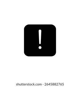 Ícone quadrado preto sólido com cantos arredondados, exibindo um ponto de exclamação branco em espaço negativo para avisos. Isolado em um fundo branco.