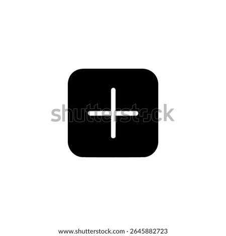 Solid black square icon with rounded corners, featuring a white plus symbol created using negative space. Isolated on a white background.