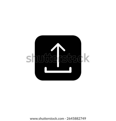 Solid black square icon with rounded corners, showcasing a white upload symbol (arrow and base tray) in negative space. Isolated on a white background.