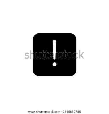 Solid black square icon with rounded corners, displaying a white exclamation mark in negative space for warnings. Isolated on a white background.