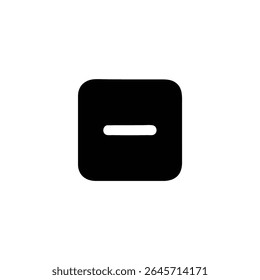Quadrado preto sólido, cantos arredondados, com um sinal de menos branco no espaço negativo, para remoção. Vetor 2D plano, isolado em branco.