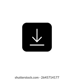 Um quadrado preto sólido com cantos arredondados, apresentando um símbolo de seta branca para download em espaço negativo. Design de vetor 2D plano, isolado em branco.