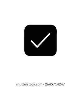Um quadrado preto sólido com cantos arredondados, apresentando uma marca de verificação em forma de V branca no espaço negativo. Design de vetor 2D plano, isolado em branco.
