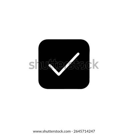 A solid black square with rounded corners, featuring a white V-shaped checkmark in negative space. Flat 2D vector design, isolated on white.
