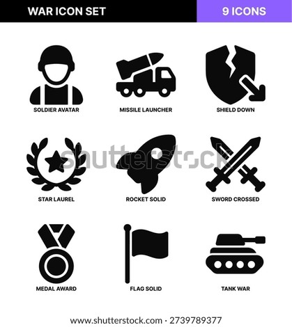 Solid Black Style War Element Icon Set with Detailed Shapes