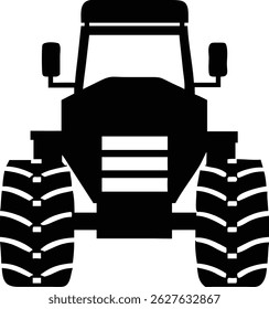 A solid black tractor icon is featured head on, highlighting its big wheels and overall robust build, perfect for farming and agricultural themed projects.