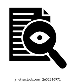 Solid Black Transparency Icon – Document with Magnifying Glass Representing Openness, Clarity, and Visibility in AI Systems and Decision-Making. Flat Vector Illustration.