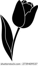 A solid black tulip icon on a white background The tulip has an ovoid bud shape composed of curved planes Two leaves extend from the lower left showing pointed tips and slightly curved edges The stem is centered extending vertically from the bottom of the bud with consistent stroke weight solid fill and no gradients The icon is flat monochrome centered and uses a 1 1 square layout High contrast Clean silhouette Balanced negative space Vector style