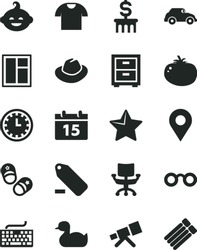 Solid Black Vector Icon Set - Clock Face Vector, Keyboard, Hat, Remove Label, Bedside Table, Rubber Duck, Funny Hairdo, Child Shoes, Window, Calendar, Star, T Shirt, Tomato, Retro Car, Location