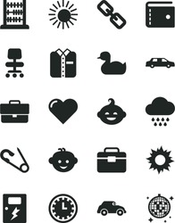 Solid Black Vector Icon Set - Briefcase Vector, Clock Face, Purse, Spectacles, Open Pin, Rubber Duck, Cloud, Children's Hairdo, Funny, Abacus, Portfolio, Dangers, Heart, Folded Shirt, Retro Car, Sun