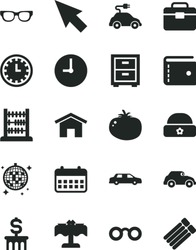 Solid Black Vector Icon Set - Clock Face Vector, Purse, Bedside Table, Warm Hat, Abacus, Portfolio, Home, Wall, Tomato, Electric Car, Retro, Calendar, Cursor, Glasses, Dollar Column, Limousine