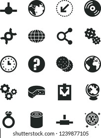 Solid Black Vector Icon Set - sign of the planet vector, download archive data, question, left bottom arrow, CD, cheese, tin, biscuit, gears, connections, globe, wall watch, connect, dna, earth