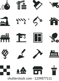 Solid Black Vector Icon Set - house vector, crane, tower, hook, big core, building trolley, trowel, concrete mixer, window, tile, putty knife, road fence, hammer with claw, factory, gas welding