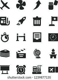 Solid Black Vector Icon Set - alarm clock vector, movie cracker, archive, dust bin, pancakes, fan screw, billboard, space rocket, black, morning paper, cash machine, usb flash, globe, stopwatch