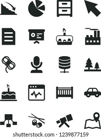 Solid Black Vector Icon Set - baby cot vector, motor vehicle, hawser, cardiogram, big data server, nightstand, cake, torte, Chinese chopsticks, forest, industrial building, recession, pie charts