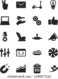 Solid Black Vector Icon Set - horn vector, car child seat, Kick scooter, onion, notebook pc, fan, connect, trash bin, coding, mail, gears, settings, magnet, finger up, arrow graph, star medal, idea