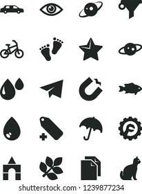 Solid Black Vector Icon Set - paper airplane vector, clean, add label, footprints, box of bricks, star gear, eye, drop, umbrella, fish, horseshoe magnet, water filter, saturn, biology, limousine