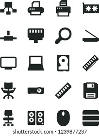Solid Black Vector Icon Set - hierarchical scheme vector, notebook pc, mouse, memory, gpu card, monitor, hdd, printer, scanner, speaker, connect, floppy, lan connector, projector, magnifier, chair