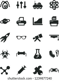 Solid Black Vector Icon Set - printer vector, flask, telescope, molecule, atom, glasses, settings, satellite, bactery, biohazard, graduate hat, growth graph, saturn, rocket, lunar rover, syringe