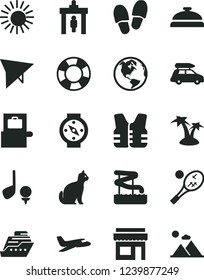 Solid Black Vector Icon Set - earth vector, plane, car baggage, hang glider, security gate, scanner, sun, palm tree, aquapark, tennis, pets, store, golf, life vest, lifebuoy, cruiser, slippers