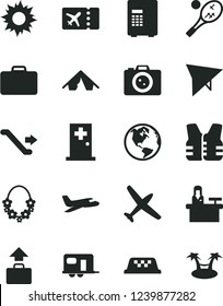 Solid Black Vector Icon Set - earth vector, plane, camper, taxi, hang glider, escalator, suitcase, ticket, baggage, tent, sun, hawaii wreath, medical room, camera, tennis, safe, receptionist