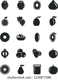 Solid Black Vector Icon Set - a plate of fruit vector, jam, grape, branch, fig, half medlar, blackberry, tasty raspberry, blueberries, mango, loquat, delicious plum, date, tangerine, ripe, kiwi