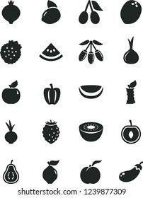 Solid Black Vector Icon Set - beet vector, strawberries, ripe peach, quince, apricot, cornels, medlar, tasty raspberry, goji berry, half cherry, yellow lemon, kiwi, piece of coconut, part guava