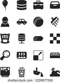 Solid Black Vector Icon Set - cradle vector, bath ball, motor vehicle, balloon, suitcase, tile, brick, spatula, big data server, drawer, expand picture, sausage, cup of popcorn, a glass tea, racer